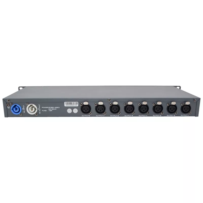 3IN 8OUT DMX Merger DMX512 1990 Standard HTP Backup Mode Isolated Signal Inrush Protection Super Drive LED Indicator Wide AC88-256V Global Rack Mount Three Input Eight Output DMX Combiner Compact 19 Inch Professional Lighting Controller Voltage Stable Performance Stage System Accessory for Live Theatre Event Lighting Projects
