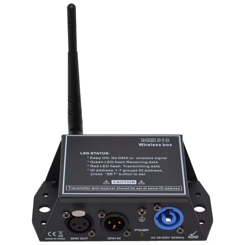 Wireless DMX Transceiver 126 Frequency Channels Auto Hopping 7 ID Codes Tricolor LED 3Pin Port 300M Range 2.4GHz -106dBm SMA Antenna AC88-256V CE UL Certified Device 2.4GHz Wireless Box DMX Wireless Receiver Transmitter Professional Lighting Accessory ISM Band Wireless Transceiver Reliable Stage Equipment