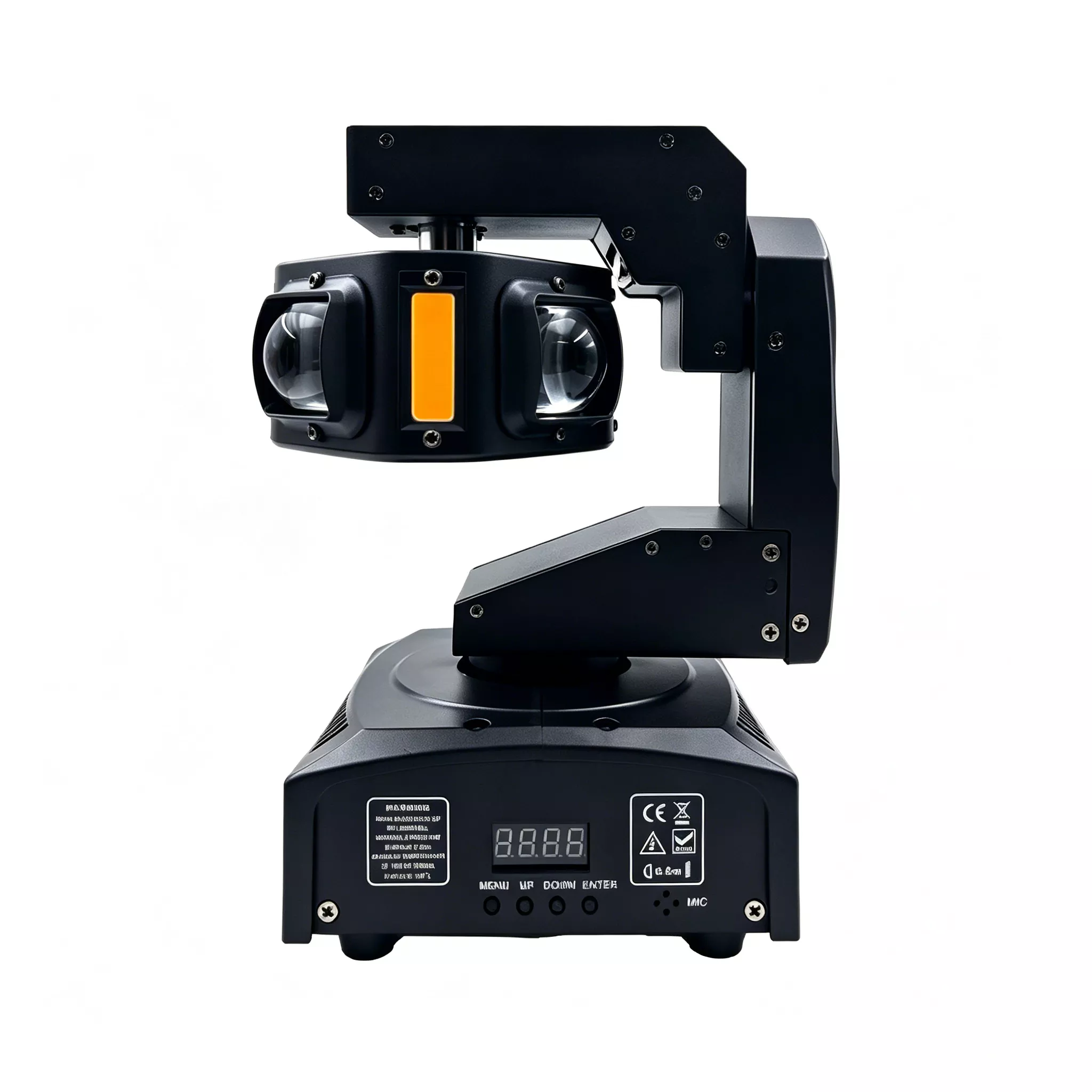 1 (4) Mini Alien Triple Axis Moving Head Light 100W CREE RGBW Green Laser Golden Light 20Hz Strobe Ultra Smooth Dimming Aluminum Cooling Fixture Built-in Macro Effects IR Remote Compact Mini Lamp Indoor KTV Bar Party Performance Unit for Trainning Room Mini Holiday Show Disco Live Show Mini Stage