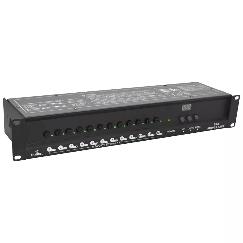 12CH DMX Switch Pack DMX512 Standard Triac Relay Zero Crossing Trigger 5A Per Channel Overcurrent Fuse 9 Chase Programs Adjustable Speed XLR In Out 19 Inch Rack AC88-256V 12 Way Power Switch Controller Lighting Device Professional Stage Power Distributor Fuse Protection for Live Performance