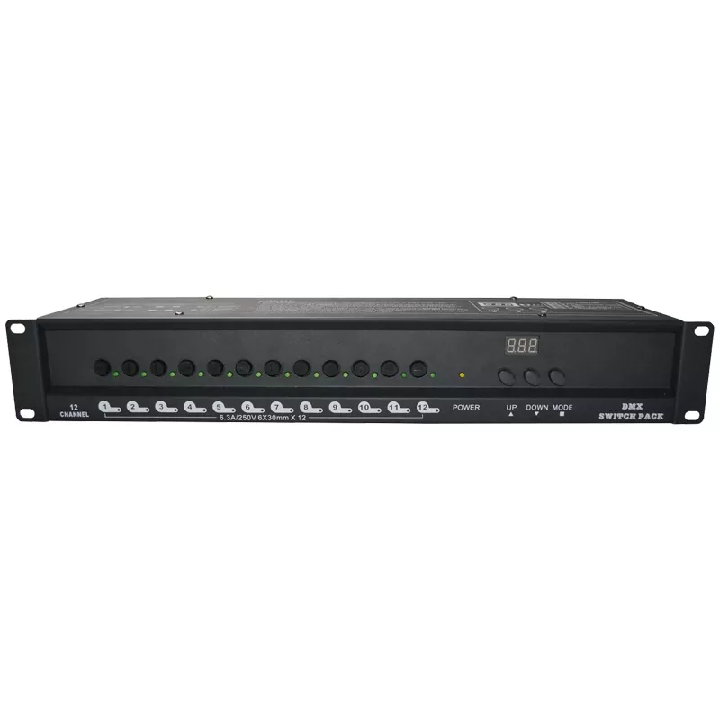 12CH DMX Switch Pack DMX512 Standard Triac Relay Zero Crossing Trigger 5A Per Channel Overcurrent Fuse 9 Chase Programs Adjustable Speed XLR In Out 19 Inch Rack AC88-256V 12 Way Power Switch Controller Lighting Device Professional Stage Power Distributor Fuse Protection for Live Performance