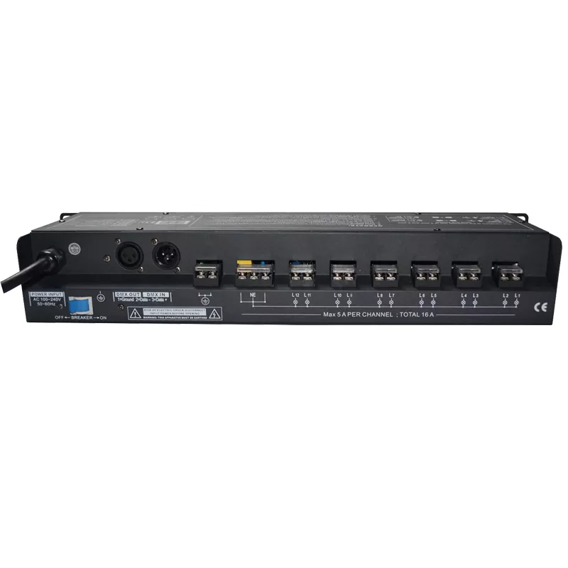 12CH DMX Switch Pack DMX512 Standard Triac Relay Zero Crossing Trigger 5A Per Channel Overcurrent Fuse 9 Chase Programs Adjustable Speed XLR In Out 19 Inch Rack AC88-256V 12 Way Power Switch Controller Lighting Device Professional Stage Power Distributor Fuse Protection for Live Performance