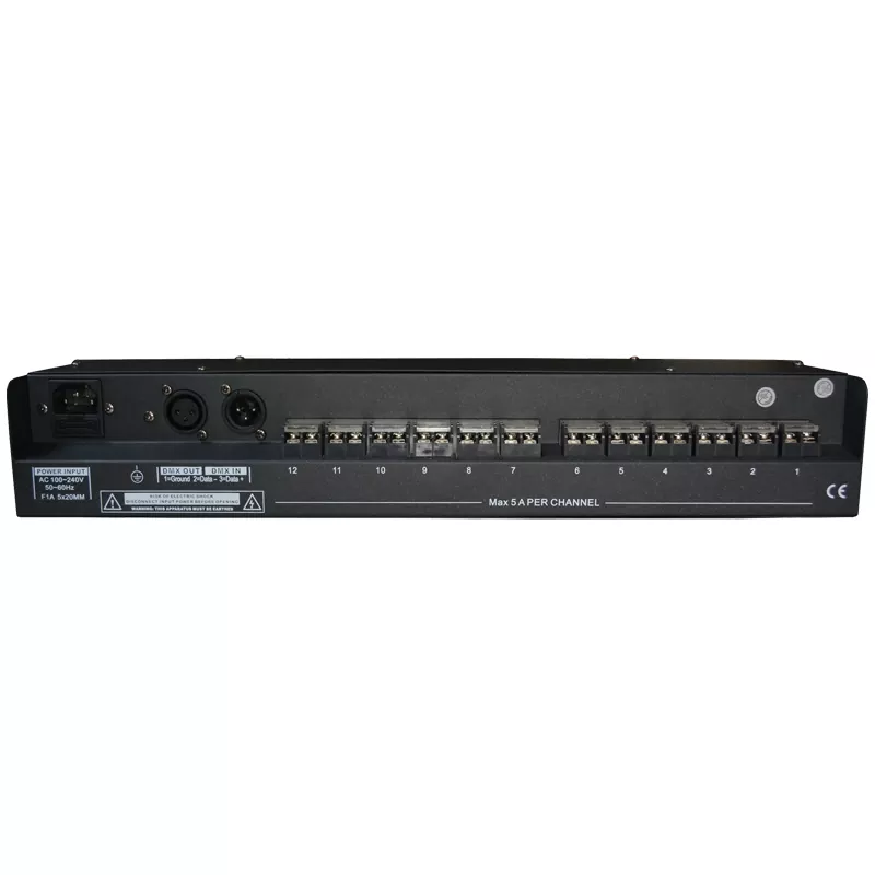 12CH DMX Switch Pack DMX512 Standard Triac Relay Zero Crossing Trigger 5A Per Channel Overcurrent Fuse 9 Chase Programs Adjustable Speed XLR In Out 19 Inch Rack AC88-256V 12 Way Power Switch Controller Lighting Device Professional Stage Power Distributor Fuse Protection for Live Performance