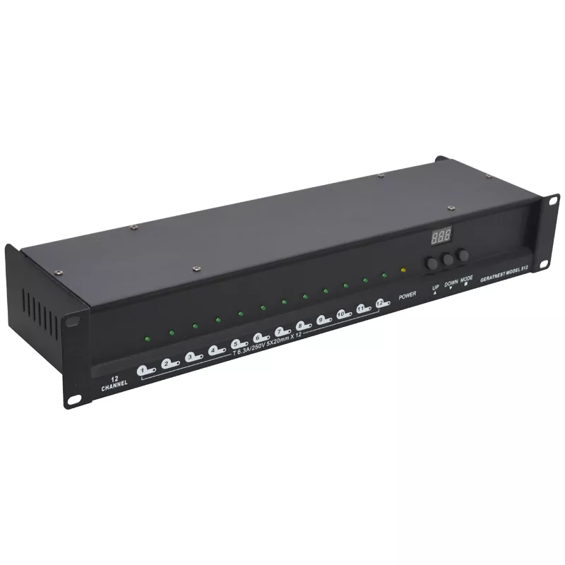 12CH DMX Switch Pack DMX512 Standard Triac Relay Zero Crossing Trigger 5A Per Channel Overcurrent Fuse 9 Chase Programs Adjustable Speed XLR In Out 19 Inch Rack AC88-256V 12 Way Power Switch Controller Lighting Device Professional Stage Power Distributor Fuse Protection for Live Performance