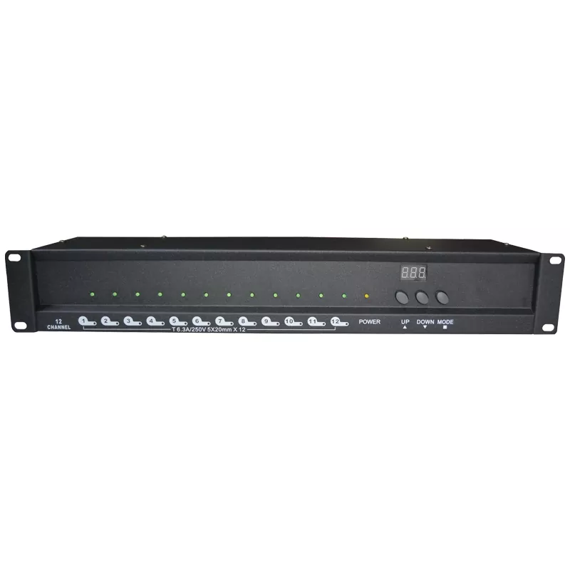 12CH DMX Switch Pack DMX512 Standard Triac Relay Zero Crossing Trigger 5A Per Channel Overcurrent Fuse 9 Chase Programs Adjustable Speed XLR In Out 19 Inch Rack AC88-256V 12 Way Power Switch Controller Lighting Device Professional Stage Power Distributor Fuse Protection for Live Performance