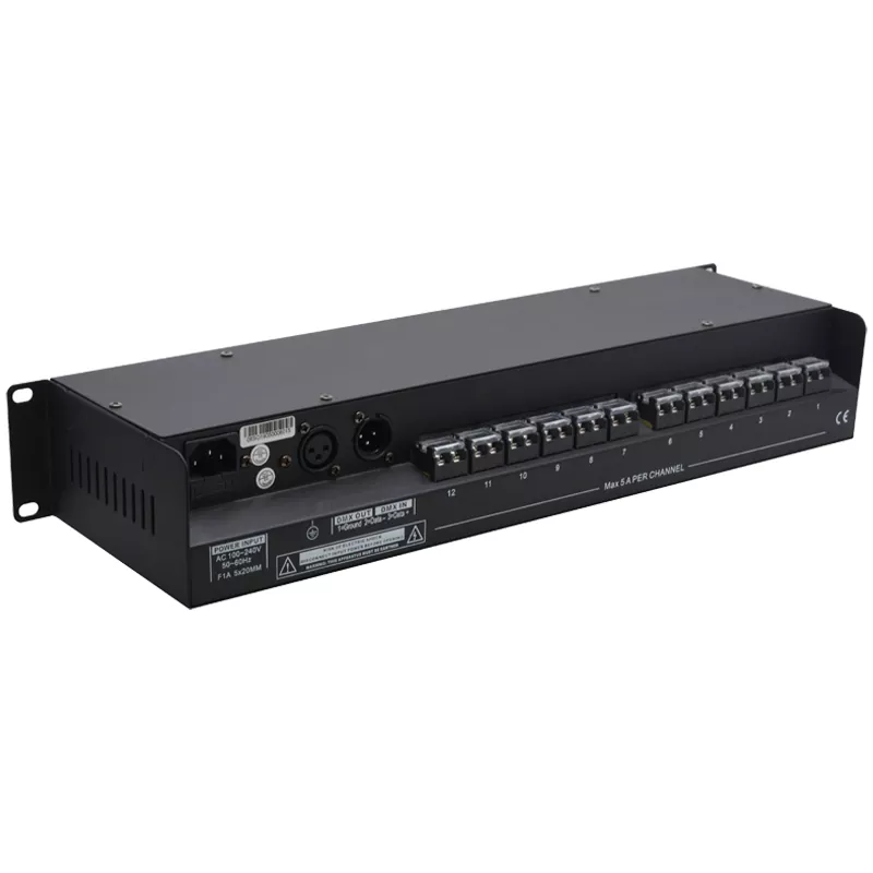 12CH DMX Switch Pack DMX512 Standard Triac Relay Zero Crossing Trigger 5A Per Channel Overcurrent Fuse 9 Chase Programs Adjustable Speed XLR In Out 19 Inch Rack AC88-256V 12 Way Power Switch Controller Lighting Device Professional Stage Power Distributor Fuse Protection for Live Performance