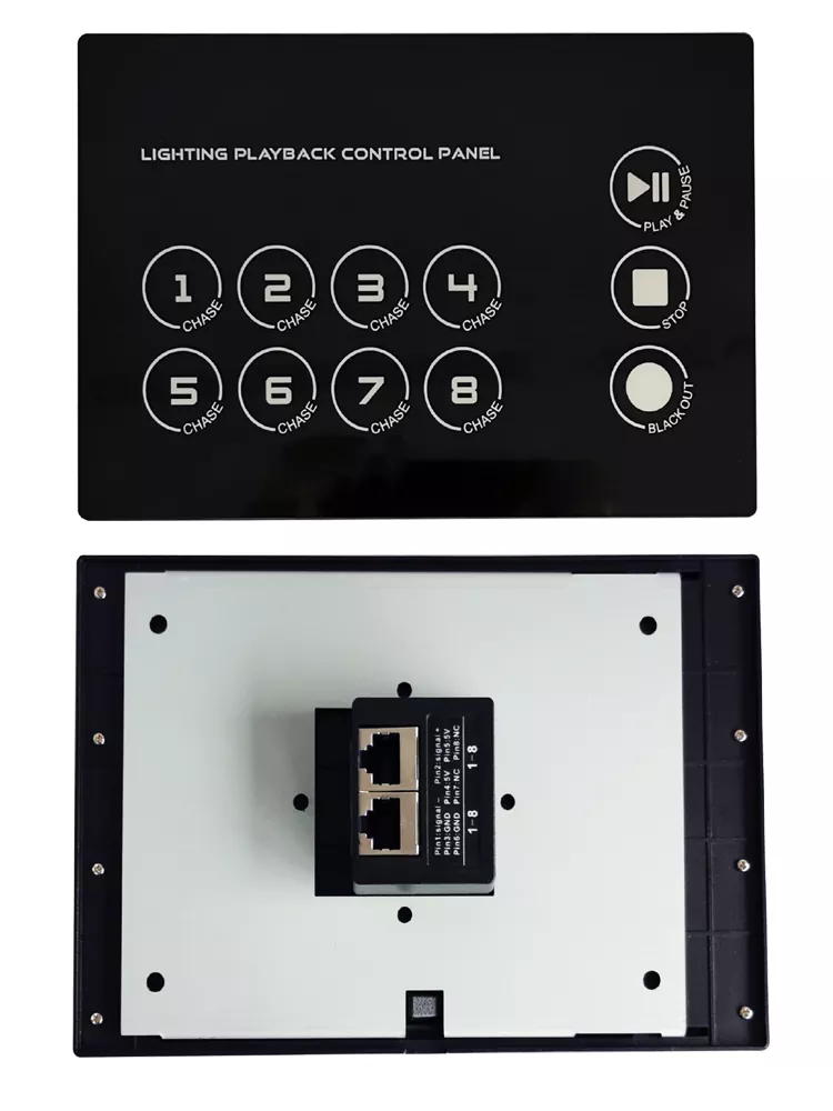 1371034 8 Groups Lighting Control Panel Capacitance Touch Tempered Glass Frameless 86 Box Mount RS485 Protocol Network Cable Wiring Program Select Stop Blackout Controller Panel Frameless Capacitive Touch Panel Remote Controller For Recorder Indoor Lighting Operation Panel for KTV Club Lighting System