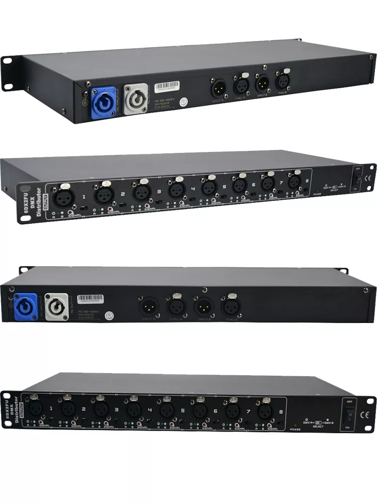 1U 2IN 8OUT DMX Distributor DMX512 1990 Standard Dual 3Pin XLR HV Protection Isolated Signal Wide AC88-256V LED Indicator Rack Mount Amplifier Stage Controller Accessory Signal Switch Professional Lighting System Equipment Stable Power for Live Event Theatre Setup