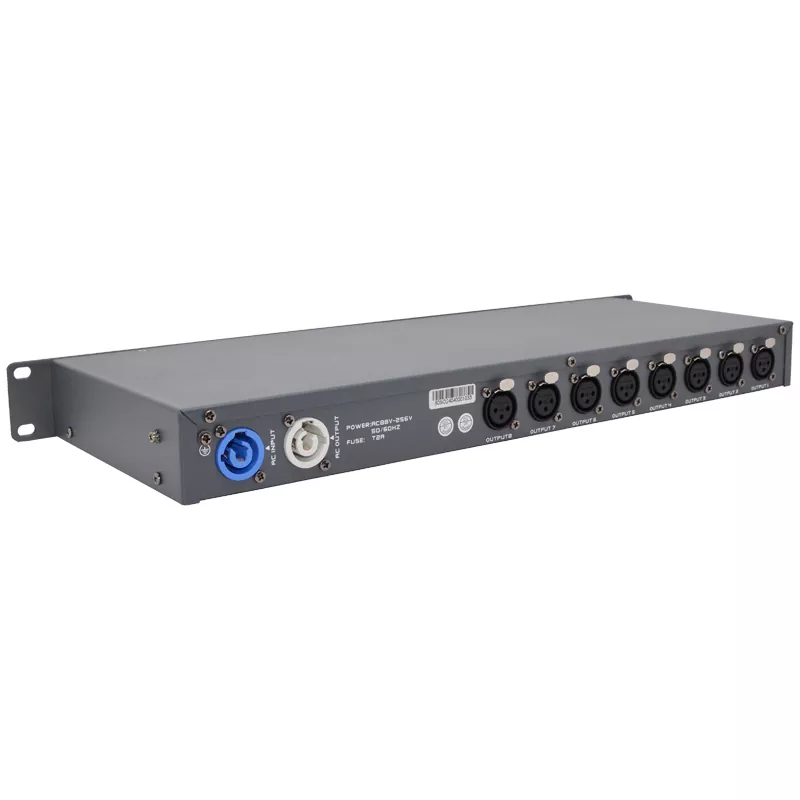 3IN 8OUT DMX Merger DMX512 1990 Standard HTP Backup Mode Isolated Signal Inrush Protection Super Drive LED Indicator Wide AC88-256V Global Rack Mount Three Input Eight Output DMX Combiner Compact 19 Inch Professional Lighting Controller Voltage Stable Performance Stage System Accessory for Live Theatre Event Lighting Projects