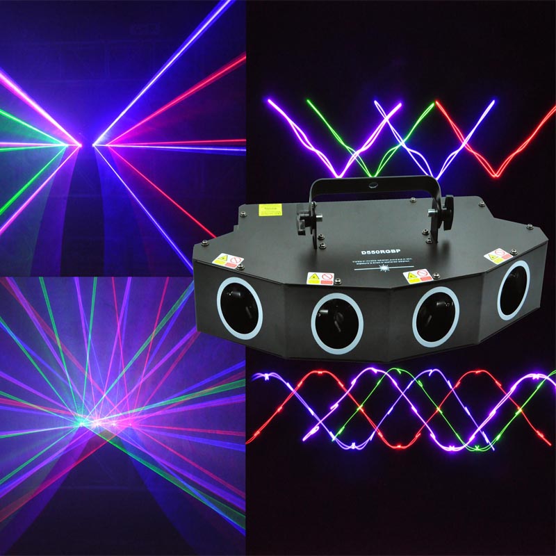22 RGBP Four Tunnel Laser Light 150mW Red 50mW Green 100mW Blue 250mW Purple Wide Beam Micro-step Scanner 7CH DMX 3Pin XLR Sound Auto Master Slave 100+ Patterns Laser Projector Large Scanning Angle Professional Stage Lighting for Entertainment Venues