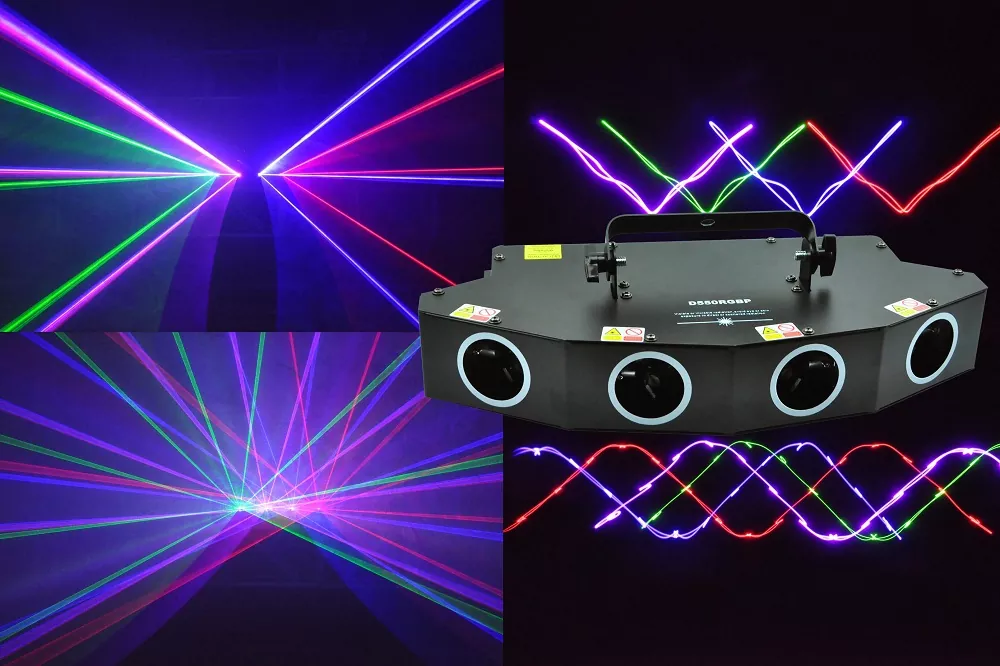 23 RGBP Four Tunnel Laser Light 150mW Red 50mW Green 100mW Blue 250mW Purple Wide Beam Micro-step Scanner 7CH DMX 3Pin XLR Sound Auto Master Slave 100+ Patterns Laser Projector Large Scanning Angle Professional Stage Lighting for Entertainment Venues