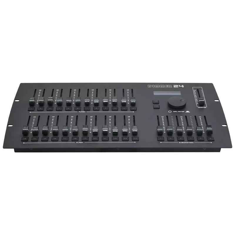 24-01 24/48CH DMX Dimmer Console Optical Isolated Output Master Submaster Faders Flash Buttons RS232 Linkage Master Slave Expansion LCD Power Memory Dual Version Lighting Controller Wide Voltage Stable Stage Controller Professional DMX512 Desk for Live Lighting Projects Expandable Dimming Console