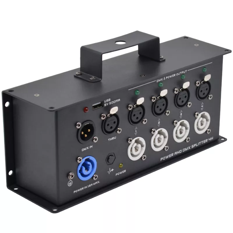 4H Power DMX Splitter Combined Distribution Unit 1 PowerCON Input 4 PowerCON Output Dual 3Pin XLR Input Four DMX Output Overcurrent Protection Power Indicator Compact 0.85Kg Device Integrated Power Signal Splitter for Live Performance Equipment 4 Way DMX Power Distributor Universal Lighting Accessory