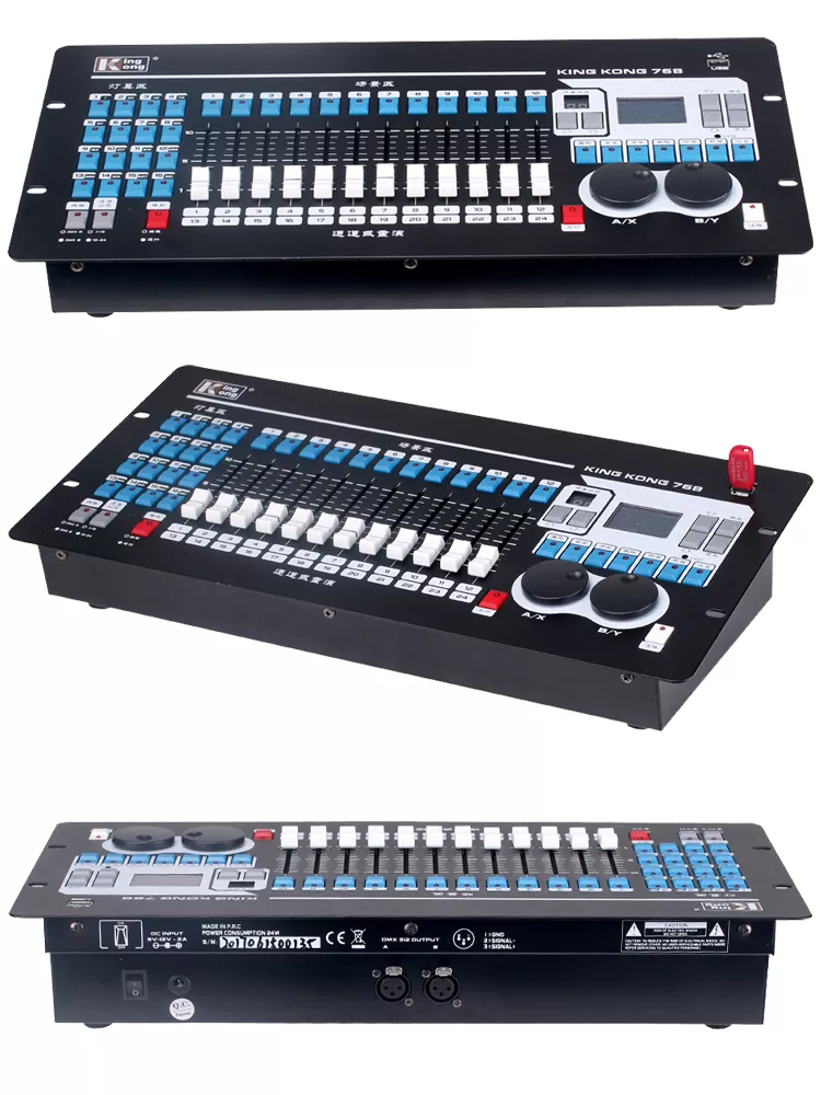 34 Kingkong 768 DMX Lighting Console 768 Channels Dual Optically Isolated Output 32 Moving Lights Auto Fixture Library Dual Language LCD Controller 60 Playback Scenes 600 Steps Dual-language Panel Live Event Stage Control Unit