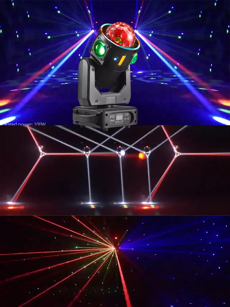 34 LED Flying Star Hammer Light 100W 19/25 DMX 4° Beam RGBW Laser Stripe Strobe Air Cooling Stage Lamp for Party Lighting Unit Performance Night Bar Disco Venue Fashion Show Mobile Rental Mini Stage