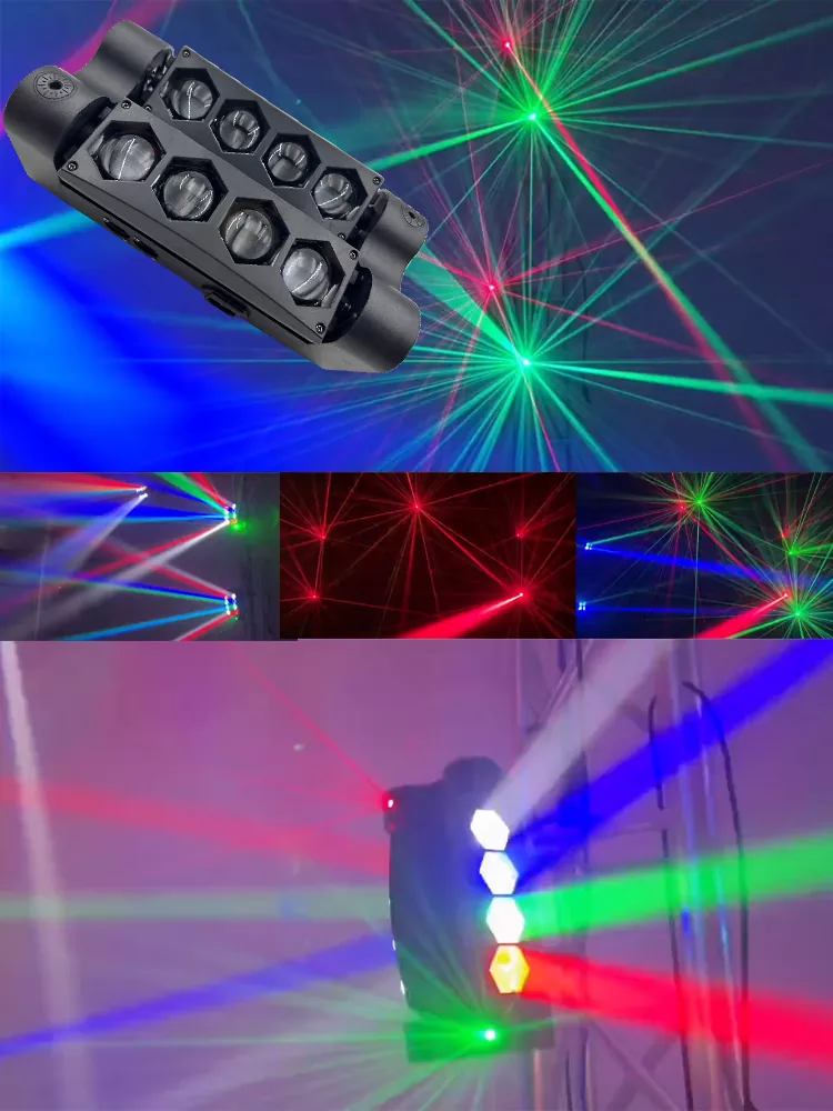 8 Eyes Spider Moving Head Light With RG Laser 40W 8*3W RGBW LED Super Stage Fixture Sync Equipment Wide Voltage Party Lamp Fast Strobe Auto Run Program Manual Button Control Mini Effect Light for KTV Disco Room Cafe Live Gig Rental Booth Performance Show Mini Stage