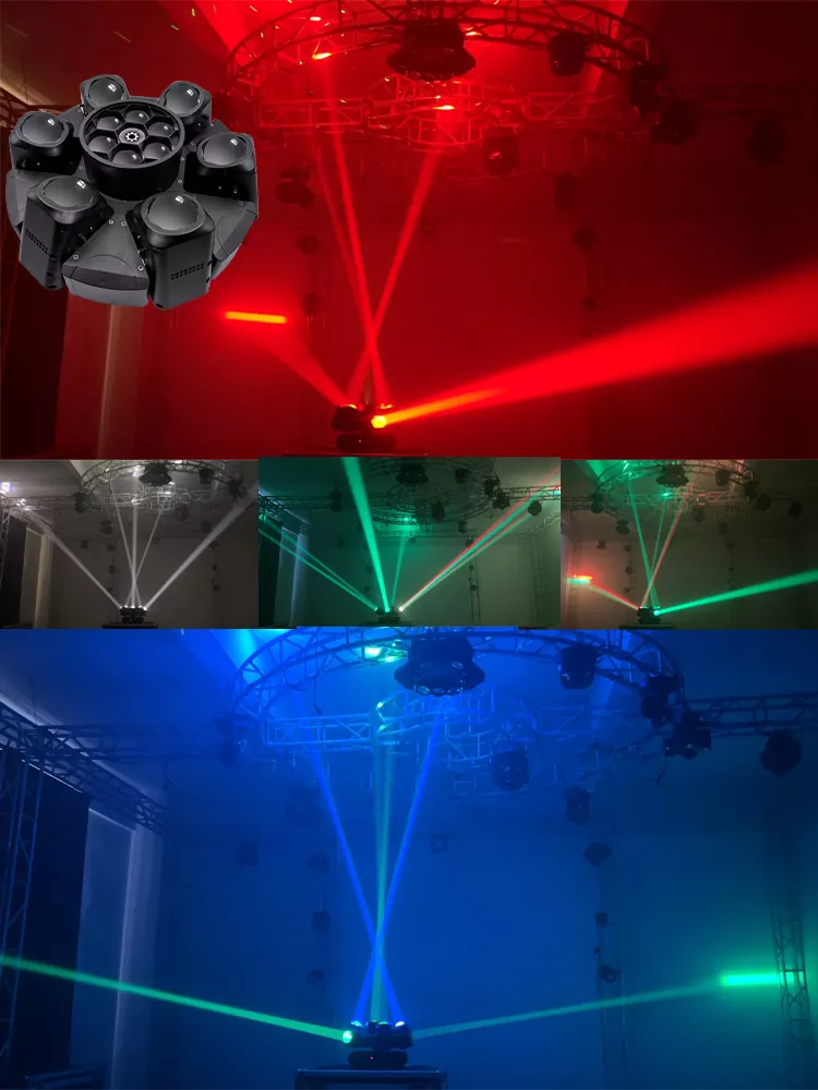 Six Arm Diamond Moving Head Light 400W 6*40W RGBW+6*10W Beams+100mW Green Laser Ultra Smooth Dimming Stage Fixture Disco Restaurant Wedding Live Band Performance Unit for Live Band Concert Venue Fashion Show Performance Mini Stage Wedding Banquet