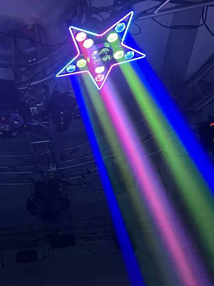 34-2 Five-pointed Star Effect Light 180W AC90-240V 14*10W RGBW LED Stripe Strobe 20Hz Flash Ultra Smooth Dimming LCD Stage Lamp Bee-eye Rotation Pixel Control Fixture Easy Truss Mount Indoor Party Lighting Unit for Party Wedding Private Event Showcase Booth Studio Pub Club Mini Stage