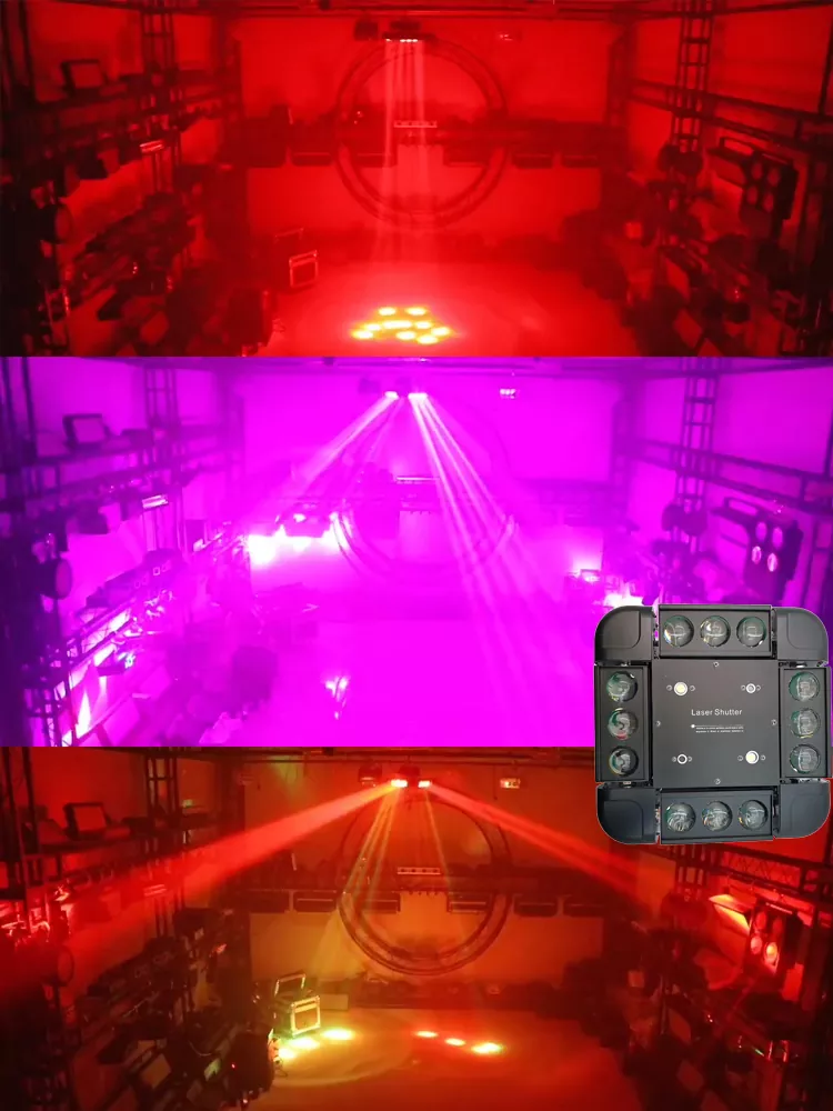 34-2 Four Head Snowstorm Stage Light 160W 12*10W RGBW RG Laser 5° Beam Ultra Smooth Full Dimming Strobe Effect Fixture Dynamic Light Show Program Equipment Indoor Club Party Performance Lighting Lamp for Banquet Nightclub Large Private Room Fashion Performance Show Events Mini Stage