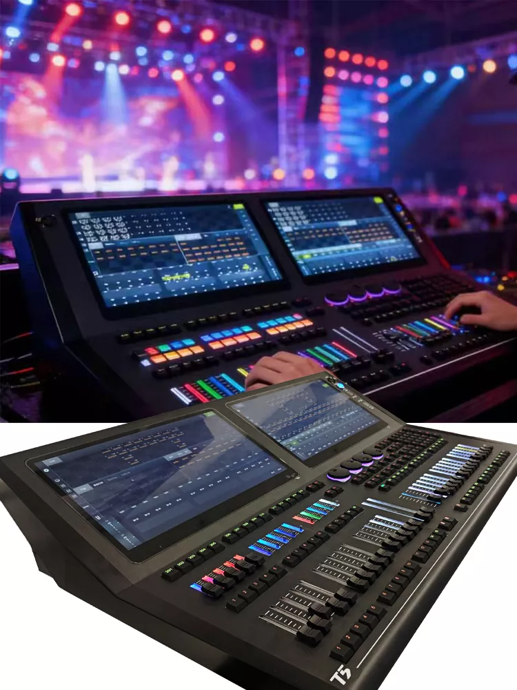 T5 Intelligent Lighting Console Independent Patent Custom Linux Intel CPU 8G RAM 128G SSD Dual 15.6Inch Capacitive Touch 12DMX ART-Net 16384CH Wireless APP Remote Stage Controller Live Performance Equipment Indoor Outdoor Large Event Lighting Device with Case