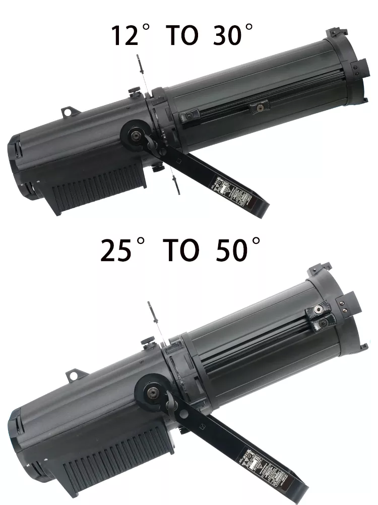 200W 300W COB RGBW CW WW LED Profile Spotlight Manual Zoom 50000H Lifespan 12-30/25-50Deg Aspheric Lens Four Dim Curves RDM DMX Master-Slave IP20 Aluminum Stage Lamp Studio Light for Wedding Gallery Commercial Stage Lighting Unit