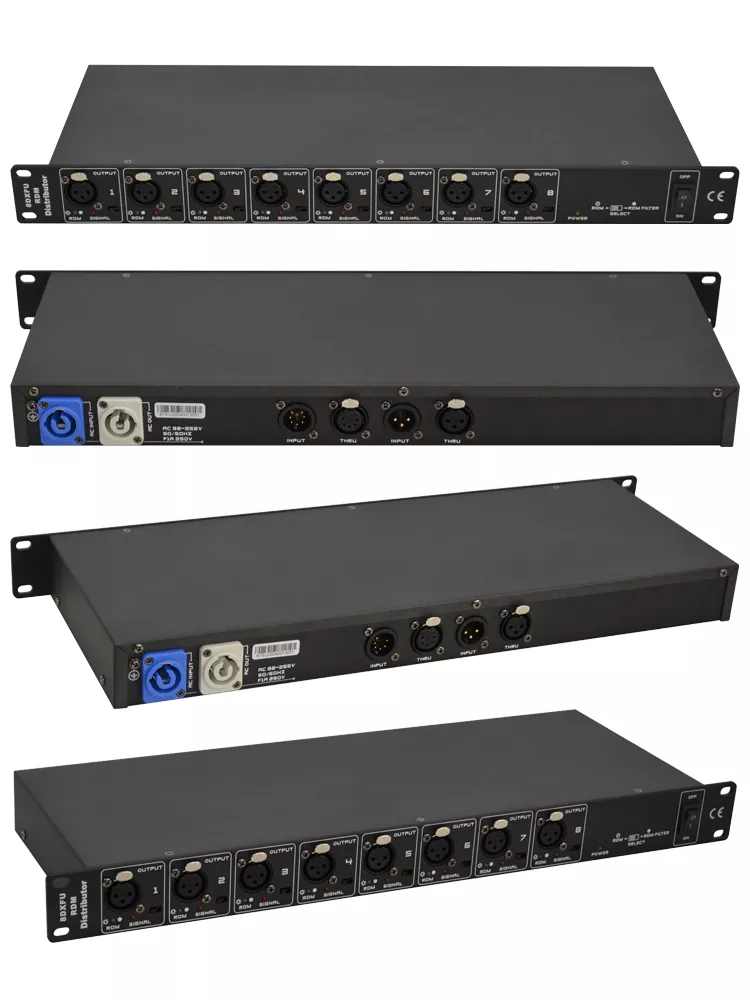 1U 8CH RDM DMX Distributor Bidirectional Data 3Pin 5Pin XLR Input Eight Output HV Protection Isolated Signal Wide AC88-256V Power LED Indicator Rack Mount Amplifier Stage Signal Booster Professional Lighting Controller Accessory for Theatre Stage Live Event System