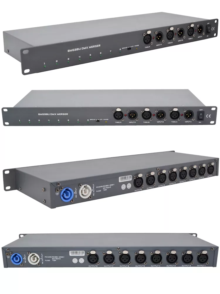 3IN 8OUT DMX Merger DMX512 1990 Standard HTP Backup Mode Isolated Signal Inrush Protection Super Drive LED Indicator Wide AC88-256V Global Rack Mount Three Input Eight Output DMX Combiner Compact 19 Inch Professional Lighting Controller Voltage Stable Performance Stage System Accessory for Live Theatre Event Lighting Projects