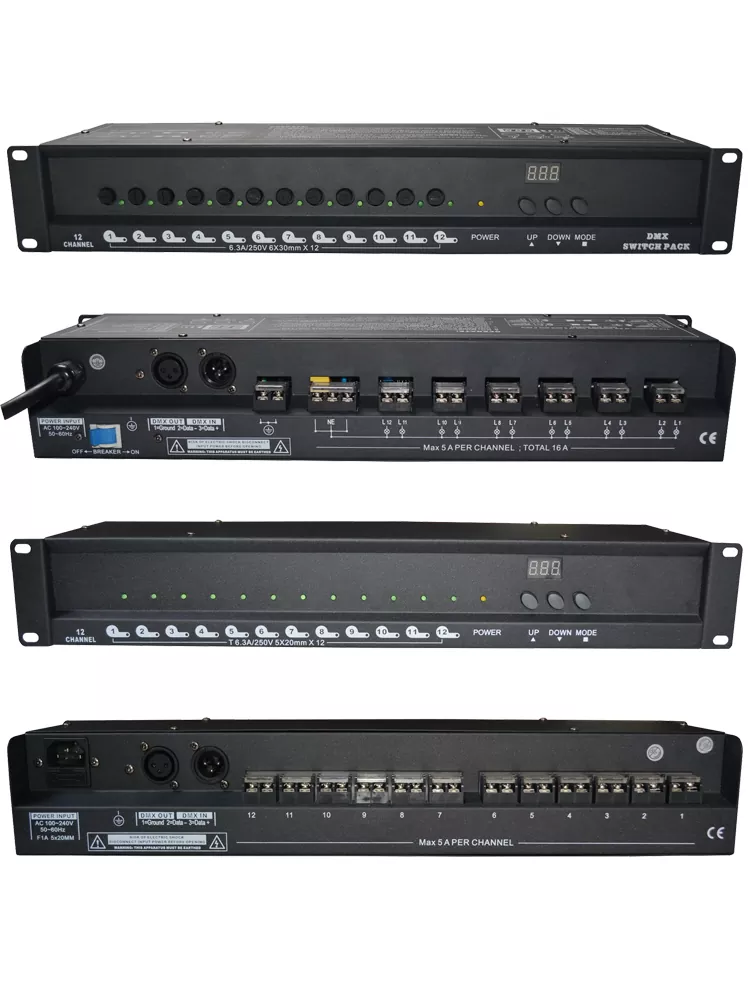 12CH DMX Switch Pack DMX512 Standard Triac Relay Zero Crossing Trigger 5A Per Channel Overcurrent Fuse 9 Chase Programs Adjustable Speed XLR In Out 19 Inch Rack AC88-256V 12 Way Power Switch Controller Lighting Device Professional Stage Power Distributor Fuse Protection for Live Performance