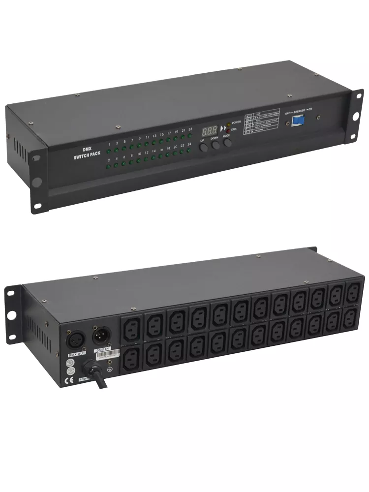 24CH DMX Switch Pack DMX512 Triac Zero Crossing 0.5A Per Channel 12A Total 9 Chase Programs Adjustable Speed LED Indicator Overcurrent Fuse 3Pin XLR AC88-256V Rack Device 24 Way Lighting Switch Professional Controller Performance Stage Power Distributor for Large Lighting System