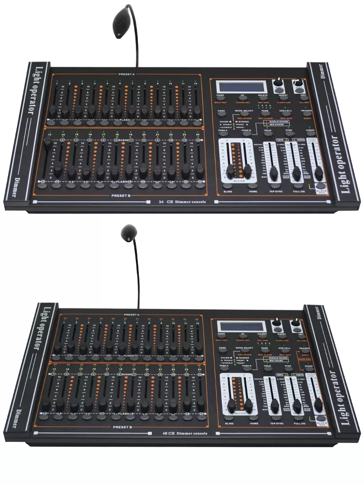 24/48CH DMX512 Dimming Console 48 Playback Faders 48000 Steps 2 Aux Buttons Adjustable Chase Fade Bidirectional Reassignable 3Pin DMX LED DC9V Device Multi Channel Lighting Controller Universal 24/48 Way DMX Console Stage Performance Equipment Indoor Lighting Controller
