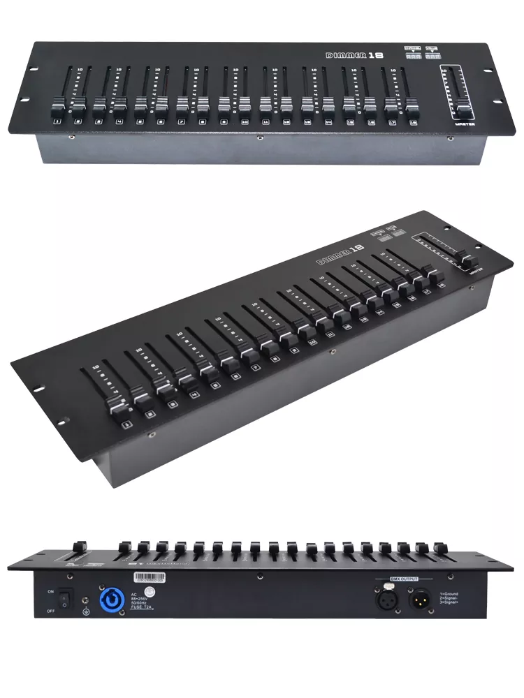 34 18CH DMX512 Controller Optical Isolated Output Master Fader Dual LED Display Auto Memory Compact Rack Console 18 Way Dimming Desk Professional 18 Channel Lighting Controller Output Indoor Equipment Optical Isolation DMX Console