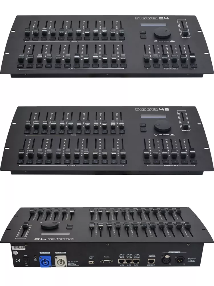 34 24/48CH DMX Dimmer Console Optical Isolated Output Master Submaster Faders Flash Buttons RS232 Linkage Master Slave Expansion LCD Power Memory Dual Version Lighting Controller Wide Voltage Stable Stage Controller Professional DMX512 Desk for Live Lighting Projects Expandable Dimming Console
