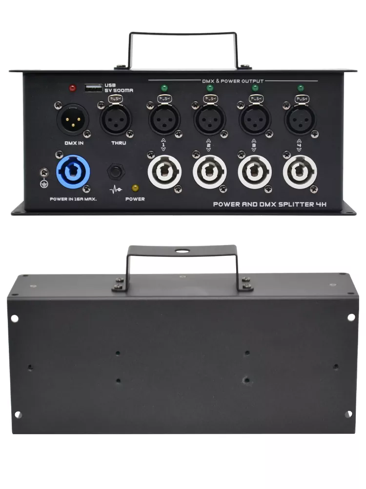 4H Power DMX Splitter Combined Distribution Unit 1 PowerCON Input 4 PowerCON Output Dual 3Pin XLR Input Four DMX Output Overcurrent Protection Power Indicator Compact 0.85Kg Device Integrated Power Signal Splitter for Live Performance Equipment 4 Way DMX Power Distributor Universal Lighting Accessory