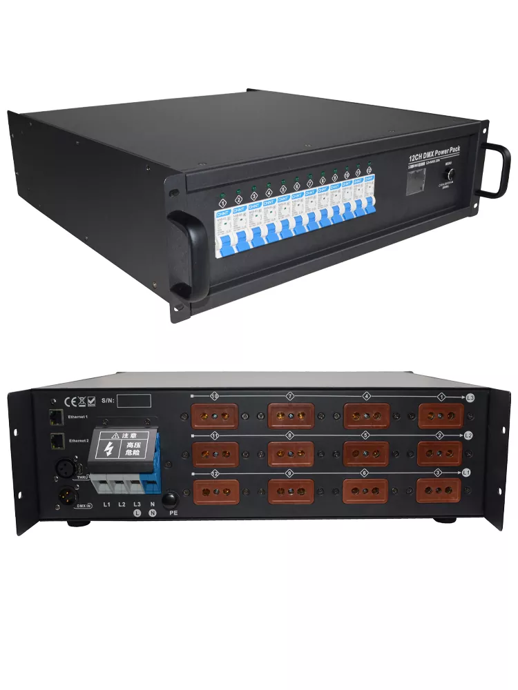 34 12CH Intelligent Power Box DMX ARTNET Dual Signal Three-phase Power 16A Per Channel Overload Short Circuit Protection TFT Bilingual Display Air Switch Network DMX Ports 12 Way Digital Switch Pack Professional Power Unit Three-phase DMX Power Distributor ARTNET DMX Controller Box for Stage Power Control