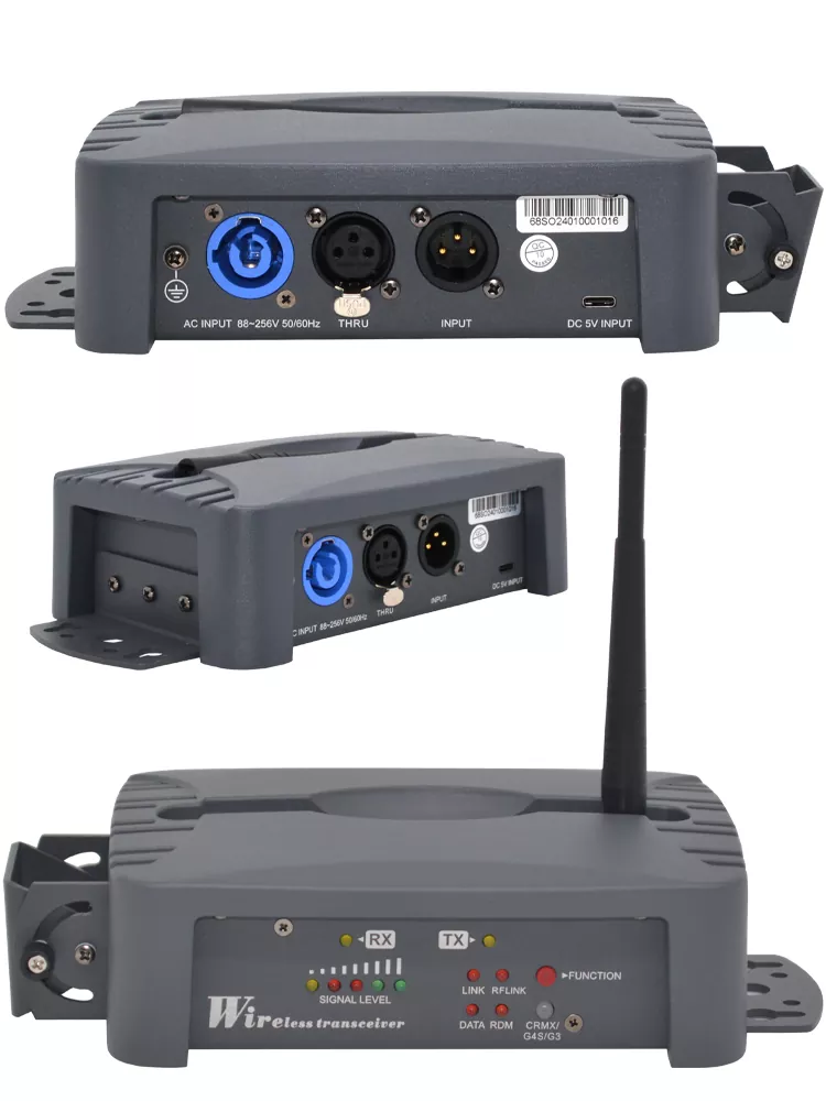 Indoor DMX Wireless Transceiver CRMX W-DMX Tech 300M Range 20-26.4DBM Cast Aluminum Neutrik 3Pin XLR Multi Installation Wide Voltage Anti-interference CE UL Standard Wireless DMX Receiver Transmitter Professional Lighting Device 2403-2479MHZ Wireless DMX System Indoor Stage Accessory for Live Stage Equipment
