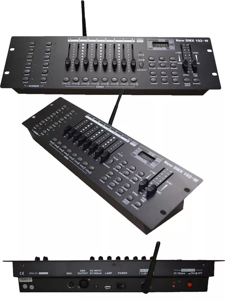 34 192CH DMX512 Controller 12 Fixtures 30 Banks 240 Scenes 6 Chases Tap-sync Beat MIDI Auto-save Rack Mount 3Pin XLR 2.0Kg Professional Lighting Console Stable Stage Controller 192 Channel Lighting Controller 6 Chase Groups Universal DMX Controller