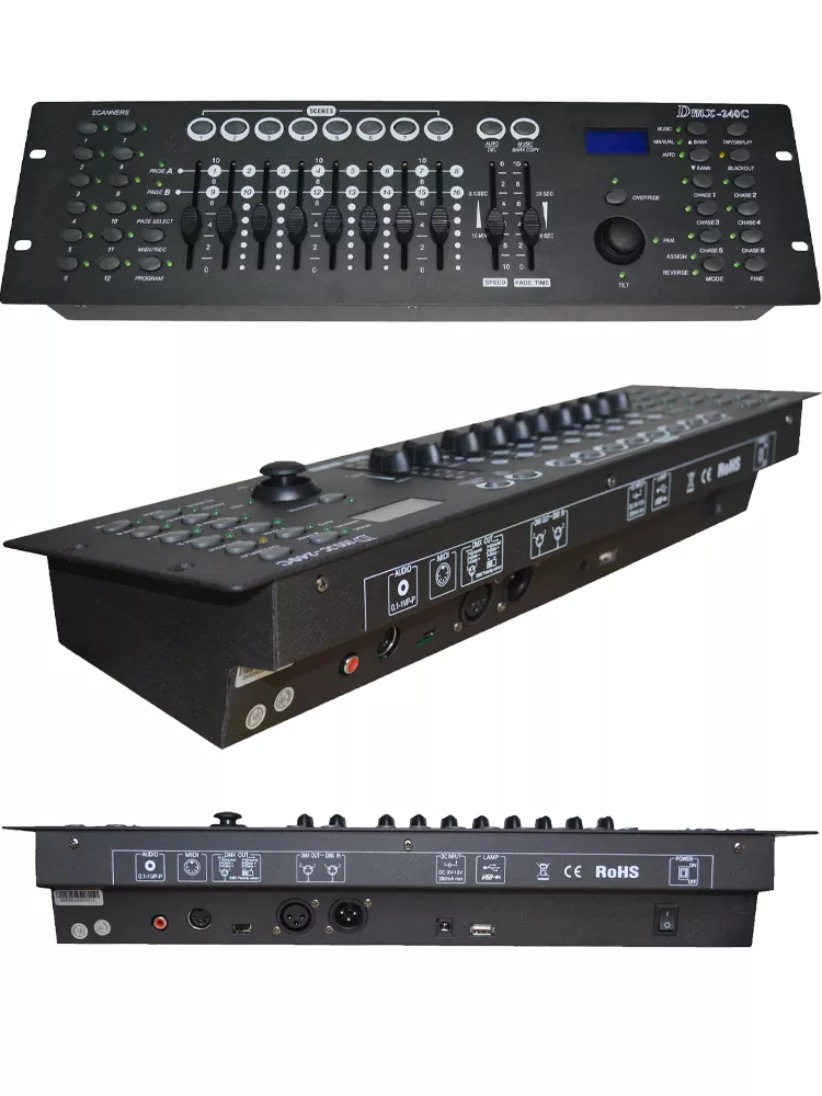 34 DMX-240C Controller 12 Scanners 16 Channels 30 Banks 240 Scenes 6 Chases Assignable Joystick Midi Audio Input 3Pin XLR Rack Mount DC9V 2.3KG Light Console Universal DMX512 Desk Stage Controller Professional Lighting Console Stage Unit for Show Party