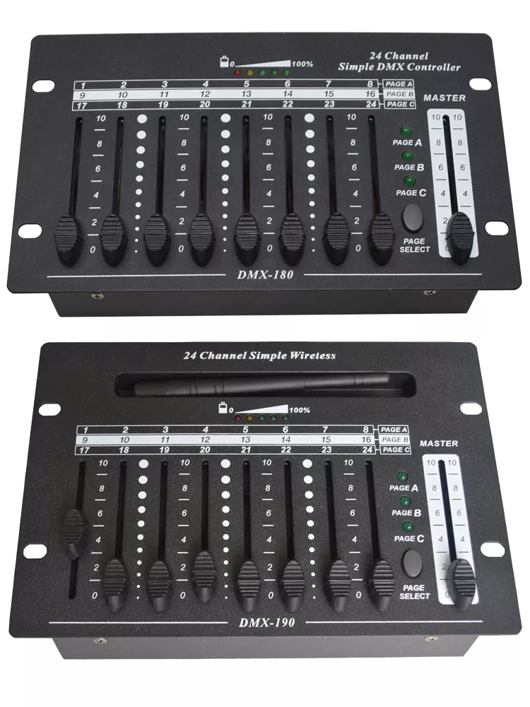 24CH DMX Controller Wired Wireless Dual Mode 2.4G 300M Range Rechargeable Battery AC88-256V Master Slider Page Switch Power Indicator Memory Function 3Pin DMX Portable 24 Channel Portable Lighting Console Lightweight Device Wireless 24CH DMX Desk for Bar Show Party Disco DJ Stage Controller