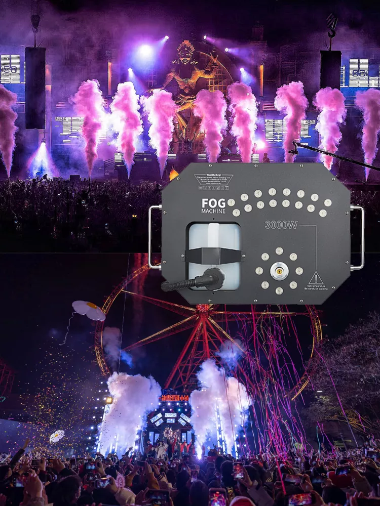 34 3000W Upward Instant Stop Fog Machine 24×3W RGB LED DMX512 Remote 8-12m Height Vertical Horizontal Spray Club Stage Device Smoke Machine 3L for Nightclub Concert Performance Stage Effect Equipment