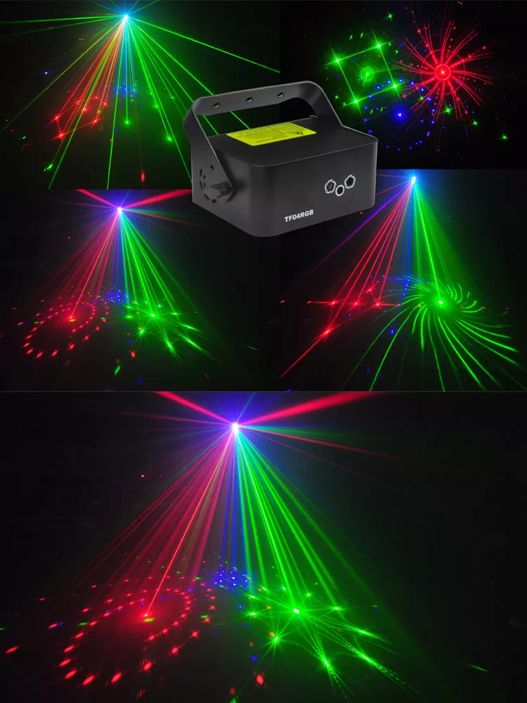 34 3-aperture RGB Laser 24 Patterns Stereoscopic Beam 4CH DMX Black Out Sound Auto Master-Slave Key Switch 10W 100-250V Compact 1.3Kg Portable Stage Light Mini RGB Laser Fixture for Disco KTV Bar Party Entertainment Lighting Indoor Venues