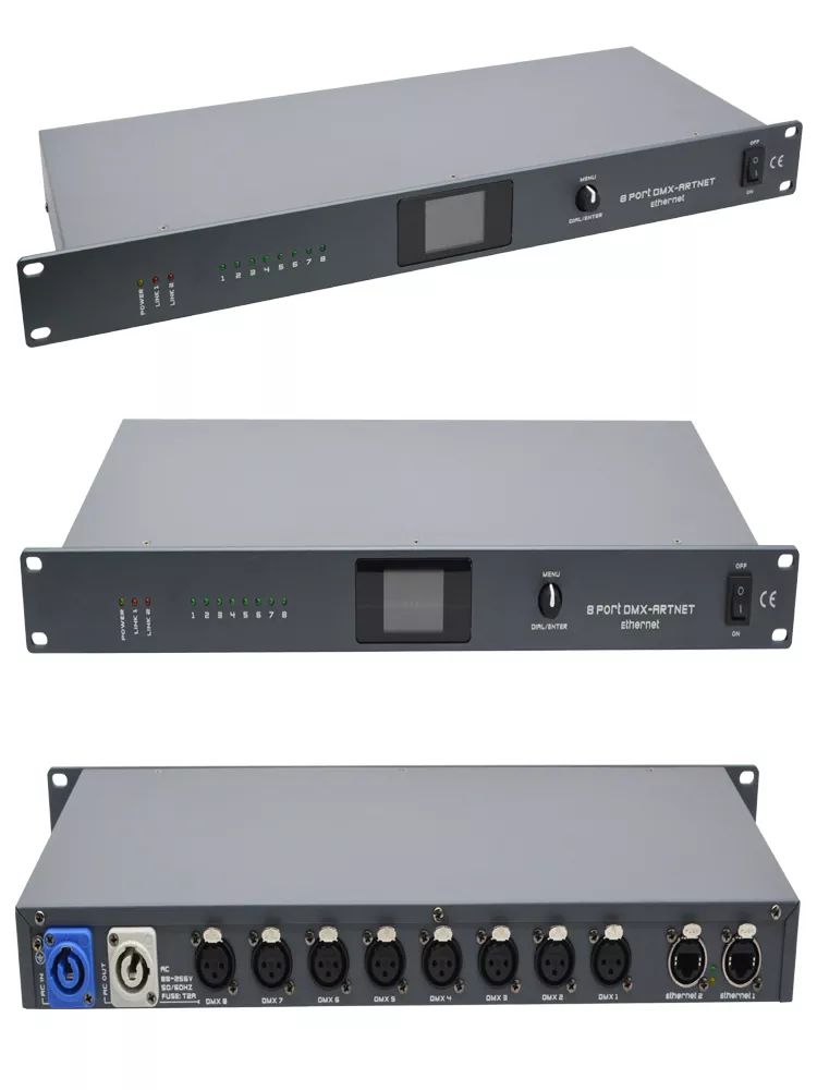 34 拷贝 8 Universe ArtNet DMX Converter High Speed No Delay ArtNet DMX RDM Protocol 8IN/OUT Neutrik XLR Full Isolation TFT LED Global 1U Rack Device Bidirectional Ethernet DMX Transceiver Expand Console Port ArtNet Converter Professional Stage Controller Accessory for Large Live System Expandable DMX ArtNet Interface