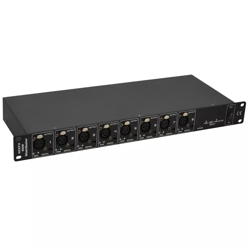 1U 8CH RDM DMX Distributor Bidirectional Data 3Pin 5Pin XLR Input Eight Output HV Protection Isolated Signal Wide AC88-256V Power LED Indicator Rack Mount Amplifier Stage Signal Booster Professional Lighting Controller Accessory for Theatre Stage Live Event System