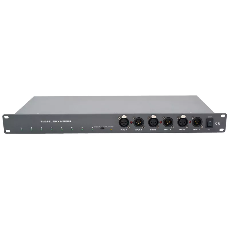 3IN 8OUT DMX Merger DMX512 1990 Standard HTP Backup Mode Isolated Signal Inrush Protection Super Drive LED Indicator Wide AC88-256V Global Rack Mount Three Input Eight Output DMX Combiner Compact 19 Inch Professional Lighting Controller Voltage Stable Performance Stage System Accessory for Live Theatre Event Lighting Projects