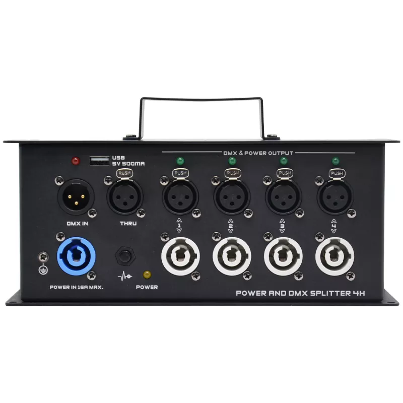 4H Power DMX Splitter Combined Distribution Unit 1 PowerCON Input 4 PowerCON Output Dual 3Pin XLR Input Four DMX Output Overcurrent Protection Power Indicator Compact 0.85Kg Device Integrated Power Signal Splitter for Live Performance Equipment 4 Way DMX Power Distributor Universal Lighting Accessory