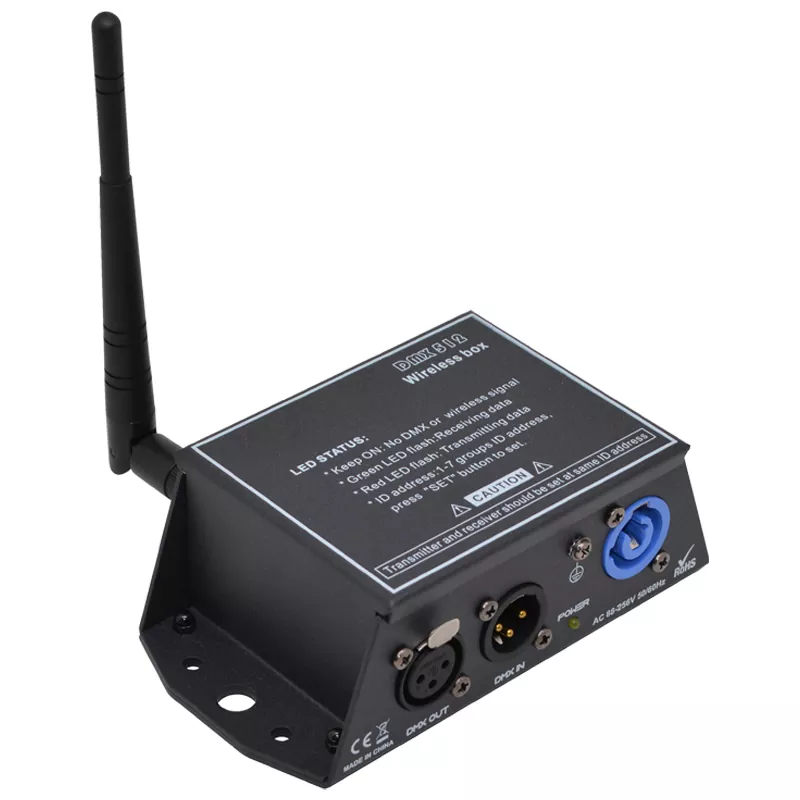Wireless DMX Transceiver 126 Frequency Channels Auto Hopping 7 ID Codes Tricolor LED 3Pin Port 300M Range 2.4GHz -106dBm SMA Antenna AC88-256V CE UL Certified Device 2.4GHz Wireless Box DMX Wireless Receiver Transmitter Professional Lighting Accessory ISM Band Wireless Transceiver Reliable Stage Equipment
