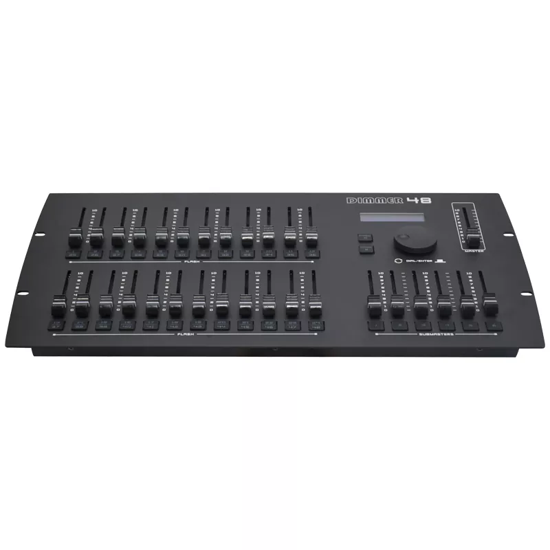 48-03 24/48CH DMX Dimmer Console Optical Isolated Output Master Submaster Faders Flash Buttons RS232 Linkage Master Slave Expansion LCD Power Memory Dual Version Lighting Controller Wide Voltage Stable Stage Controller Professional DMX512 Desk for Live Lighting Projects Expandable Dimming Console