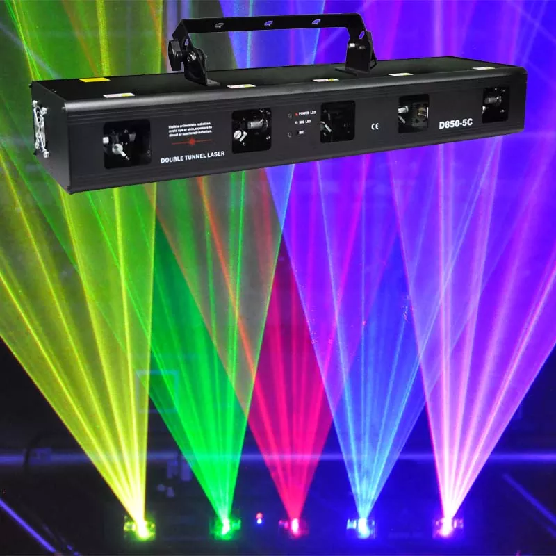 RGBPY Five-tunnel Laser Light 700W Total Power Micro-step Motor Wide Scan 7CH DMX Master Slave Sound Auto Mute Shutdown 100 Patterns 300 Effects 30W 100-250V Stage Fixture Multi-effect Animation Laser Lamp for Bar KTV Party Venues Entertainment Lighting Indoor Party Stage Light Laser Device