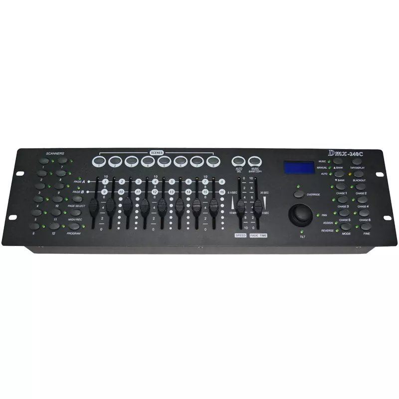 DMX-240C Controller 12 Scanners 16 Channels 30 Banks 240 Scenes 6 Chases Assignable Joystick Midi Audio Input 3Pin XLR Rack Mount DC9V 2.3KG Light Console Universal DMX512 Desk Stage Controller Professional Lighting Console Stage Unit for Show Party