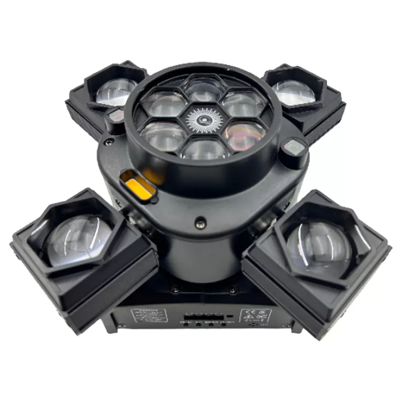 Mini Pixiu 4-Arm Moving Head Light 80W DMX CREE RGBW Dual RG Laser Golden LED Fan Cooling Indoor Party Fixture Strobe Multi Macro Light Effect Equipment Mini Stage Lamp KTV Home Entertainment Unit for Disco Party Wedding Cafe Rental Mini Stage