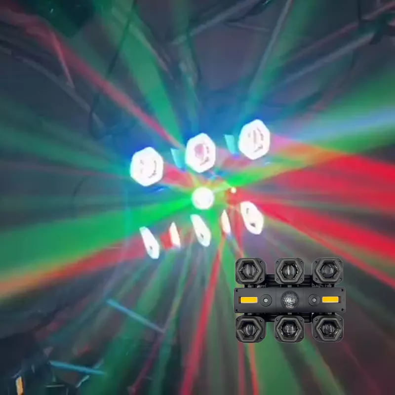 6 Six Heads Beam Effect Moving Head Light 120W CREE RGBW RG Laser Golden Strip Smooth Dimming Fan Cool Stage Fixture Built-in Strip Macro Adjustable Speed Equipment Party Lamp Bar Restaurant Disco Lighting Unit for Dinner Restaurant Disco Club Live Band Small Stage Party Venue Wedding Events